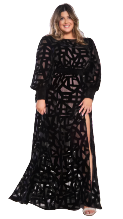 Woman wearing a black geometric patterned dress on a white background