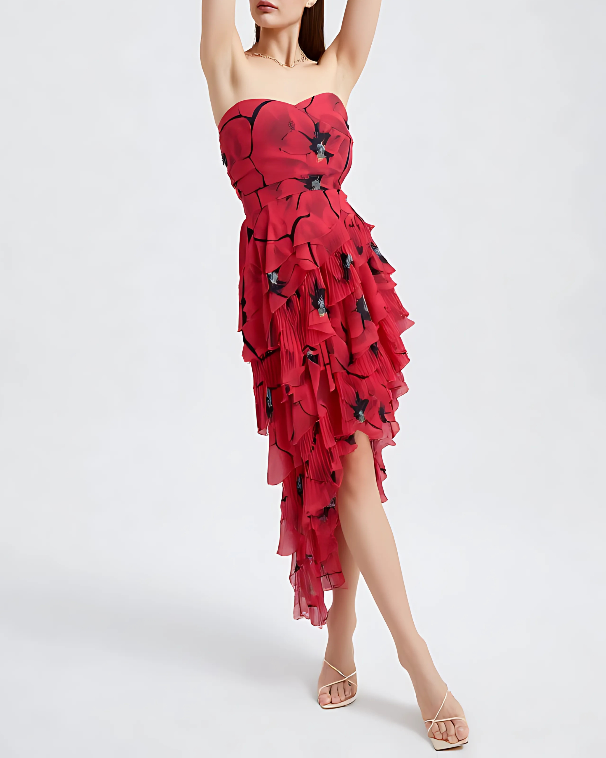 Small ∙ Red Strapless Ruffle Midi Dress | Noovo.ae