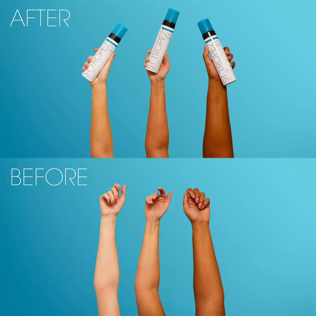 Before and after comparison of hands holding St. Tropez tanning products against a blue background.
